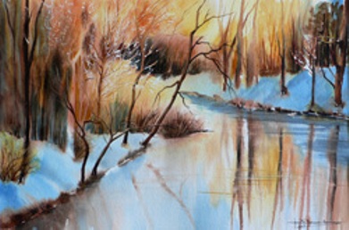 L'hiver envahit la forêt, aquarelle / 36 x 55 cm